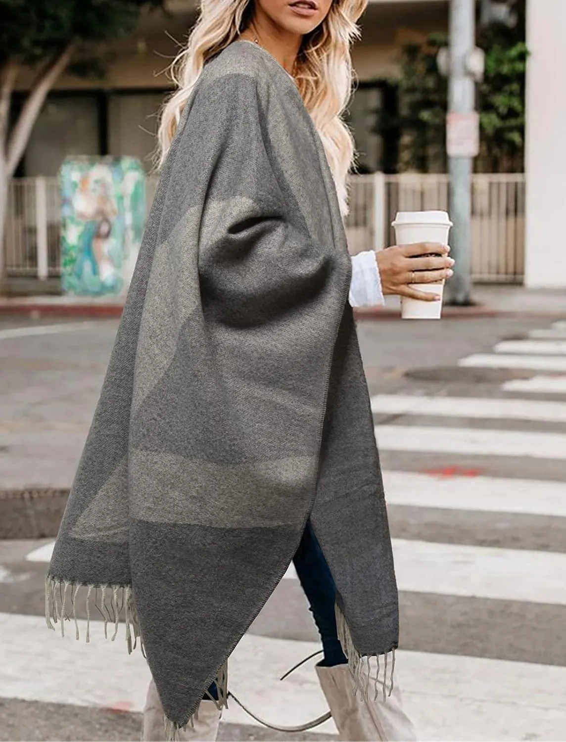 Bestshe Women's Boho Open Front Poncho Knitted Plaid Shawl Wrap Cape Tassel Cardigan Sweater