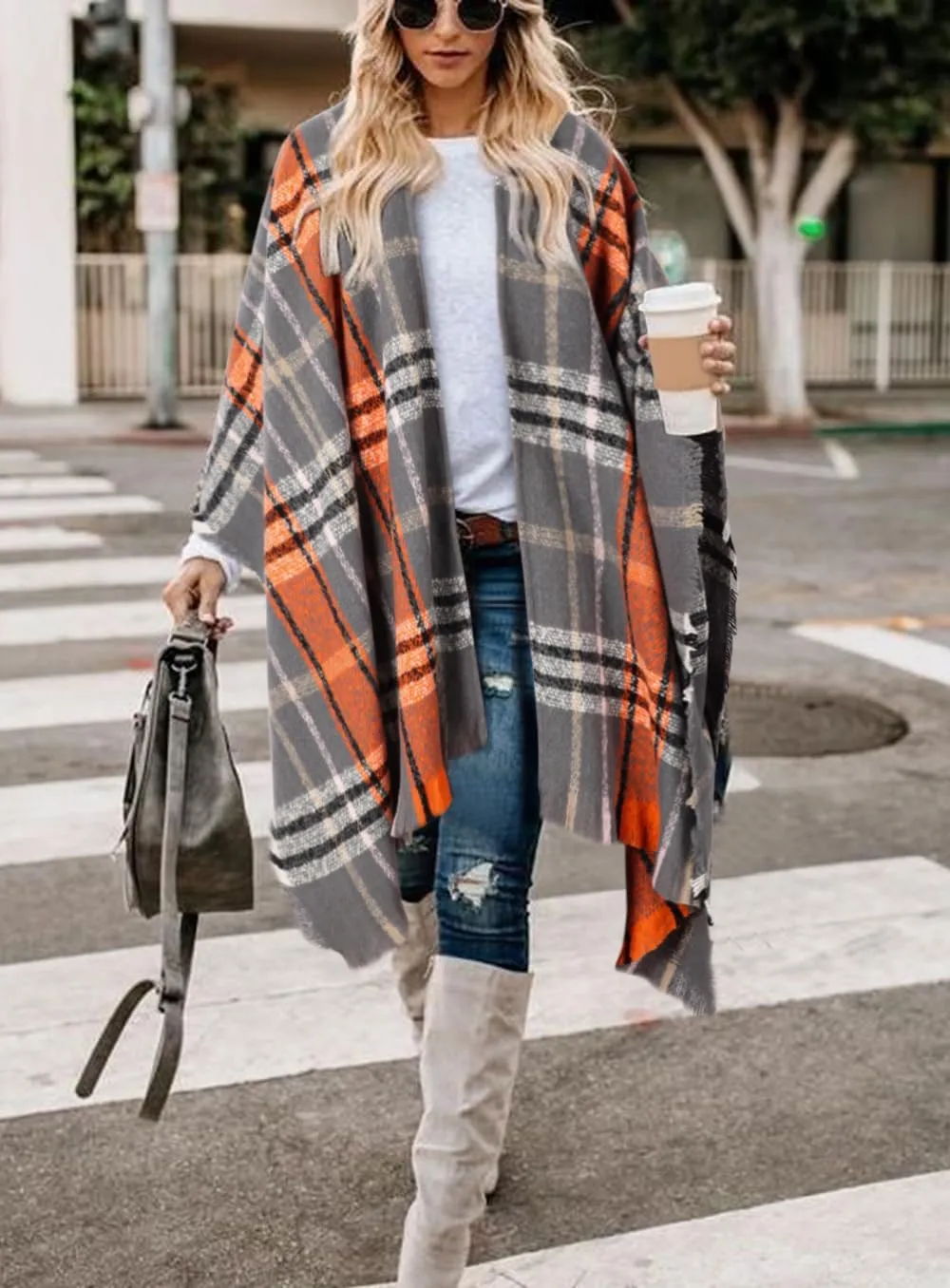 Bestshe Women's Boho Open Front Poncho Knitted Plaid Shawl Wrap Cape Tassel Cardigan Sweater