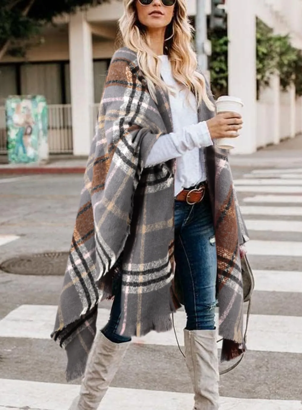 Bestshe Women's Boho Open Front Poncho Knitted Plaid Shawl Wrap Cape Tassel Cardigan Sweater