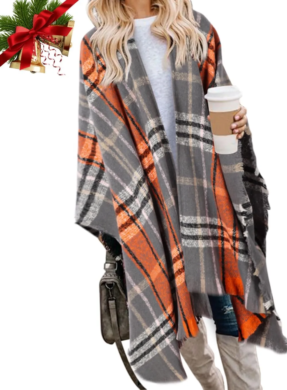 Bestshe Women's Boho Open Front Poncho Knitted Plaid Shawl Wrap Cape Tassel Cardigan Sweater