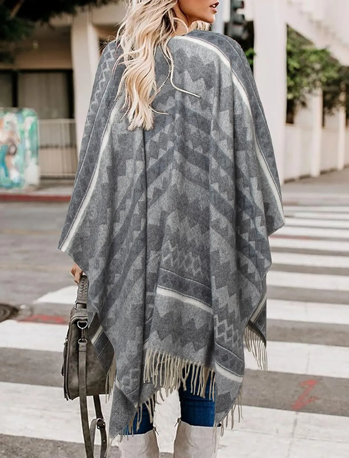 Bestshe Women's Boho Open Front Poncho Knitted Plaid Shawl Wrap Cape Tassel Cardigan Sweater