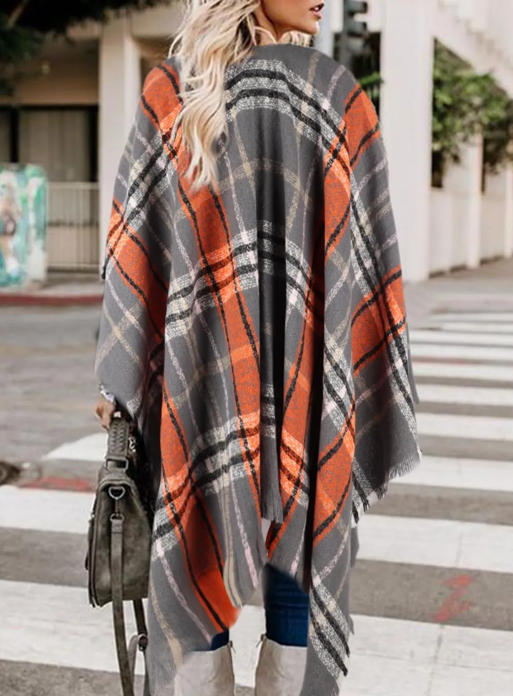 Bestshe Women's Boho Open Front Poncho Knitted Plaid Shawl Wrap Cape Tassel Cardigan Sweater