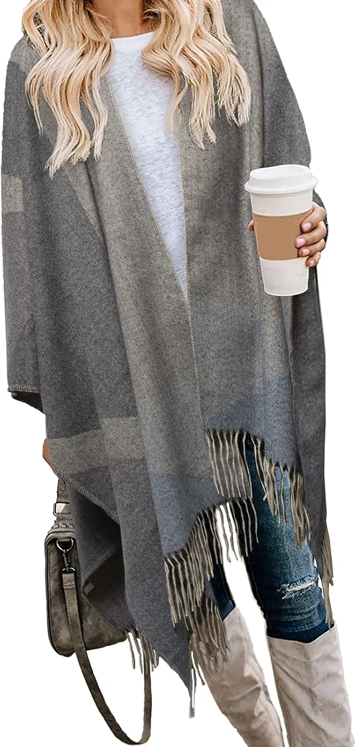 Bestshe Women's Boho Open Front Poncho Knitted Plaid Shawl Wrap Cape Tassel Cardigan Sweater