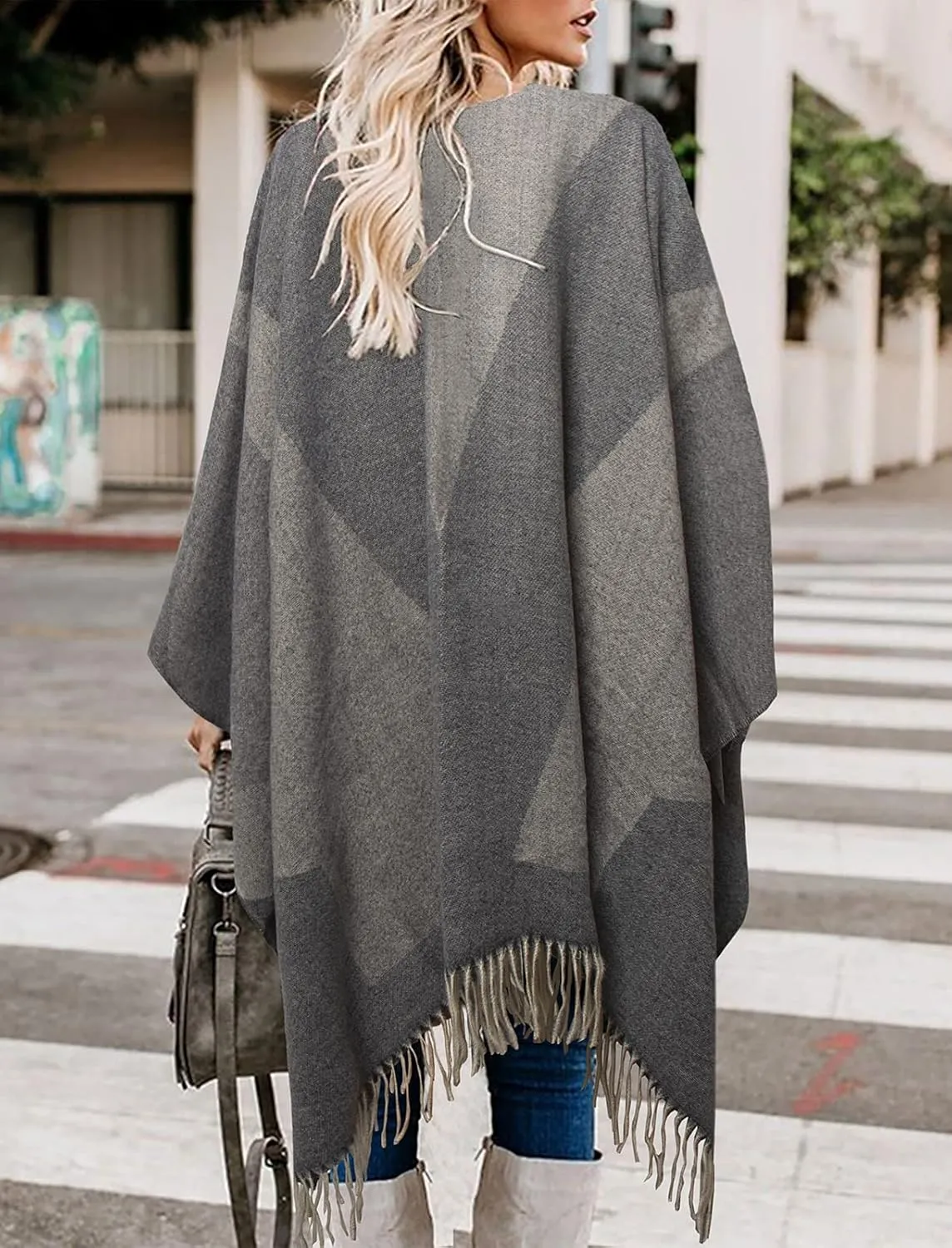 Bestshe Women's Boho Open Front Poncho Knitted Plaid Shawl Wrap Cape Tassel Cardigan Sweater