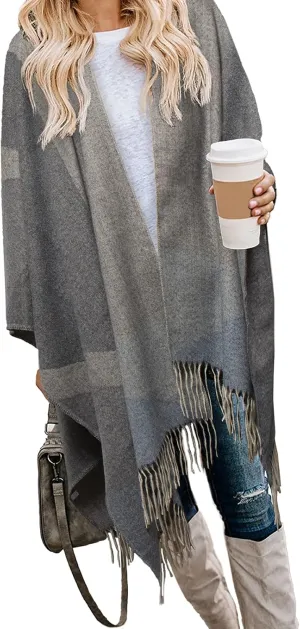 Bestshe Women's Boho Open Front Poncho Knitted Plaid Shawl Wrap Cape Tassel Cardigan Sweater