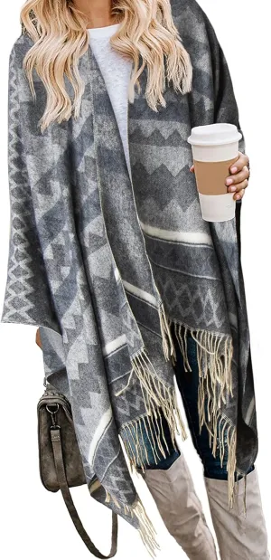 Bestshe Women's Boho Open Front Poncho Knitted Plaid Shawl Wrap Cape Tassel Cardigan Sweater