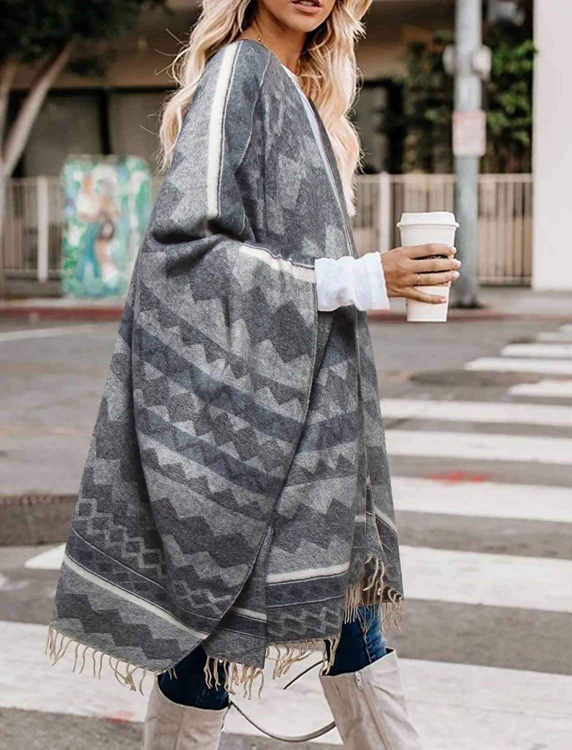 Bestshe Women's Boho Open Front Poncho Knitted Plaid Shawl Wrap Cape Tassel Cardigan Sweater