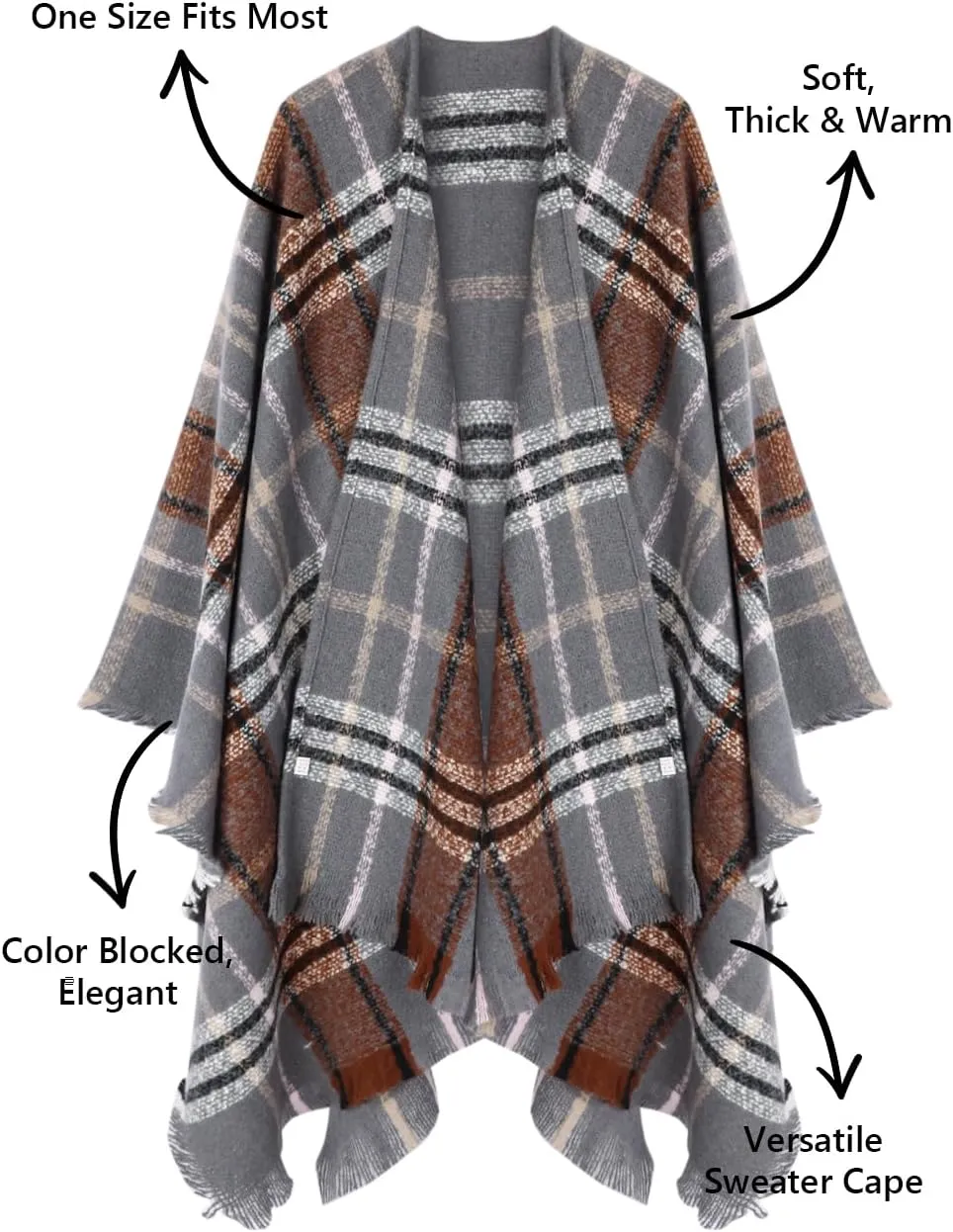 Bestshe Women's Boho Open Front Poncho Knitted Plaid Shawl Wrap Cape Tassel Cardigan Sweater
