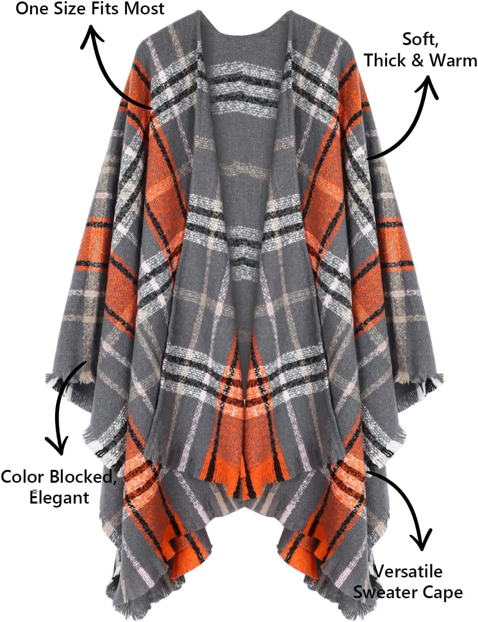 Bestshe Women's Boho Open Front Poncho Knitted Plaid Shawl Wrap Cape Tassel Cardigan Sweater