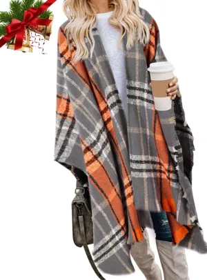 Bestshe Women's Boho Open Front Poncho Knitted Plaid Shawl Wrap Cape Tassel Cardigan Sweater