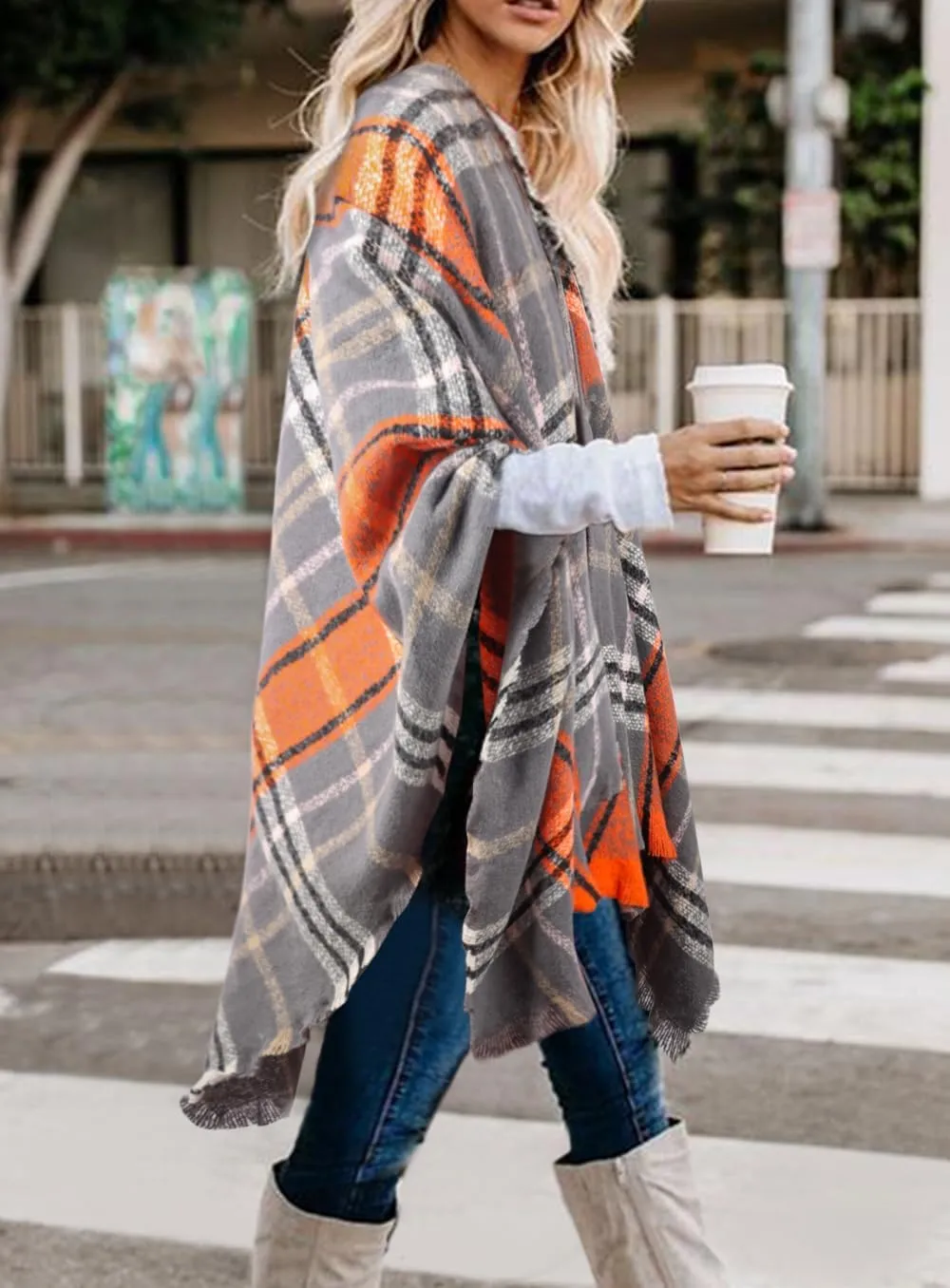 Bestshe Women's Boho Open Front Poncho Knitted Plaid Shawl Wrap Cape Tassel Cardigan Sweater