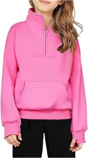 Boys Girls Sweatshirts Half Zip Pullover Fleece Cropped Fall Loose Outfits Long Sleeve Thumb Hole Shirts Kids