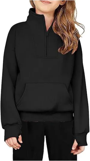 Boys Girls Sweatshirts Half Zip Pullover Fleece Cropped Fall Loose Outfits Long Sleeve Thumb Hole Shirts Kids