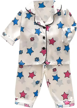 Boys Satin Pajamas Set Classic Silk js Long Sleeve Button Down Sleepwear with Pants Star Print (Beige, 3-4 Years)