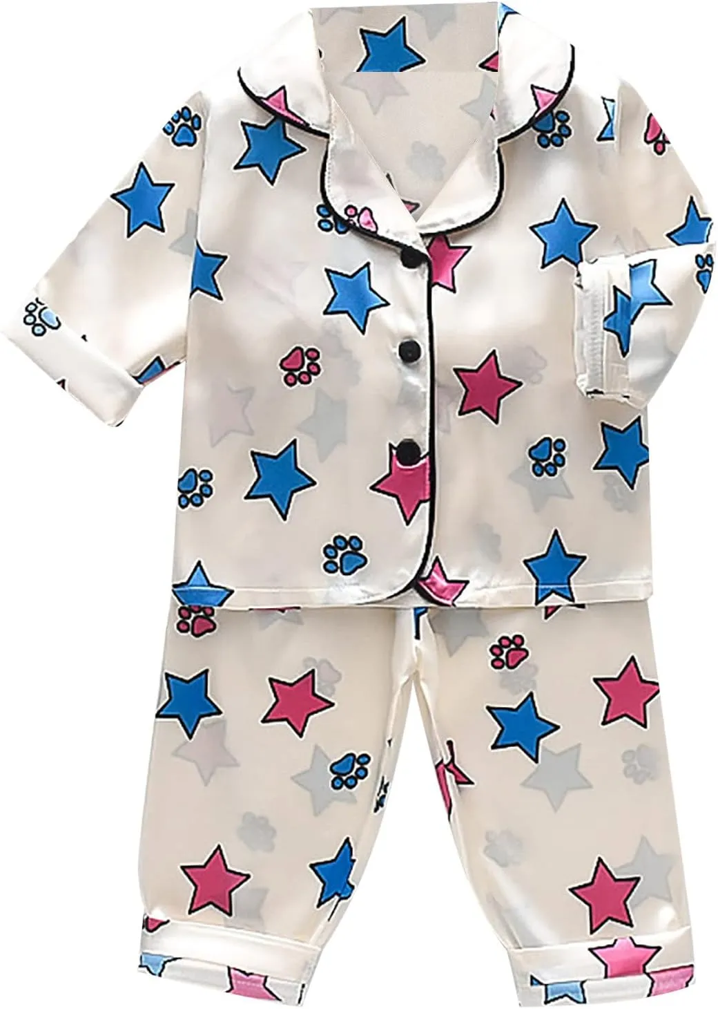 Boys Satin Pajamas Set Classic Silk js Long Sleeve Button Down Sleepwear with Pants Star Print (Beige, 3-4 Years)