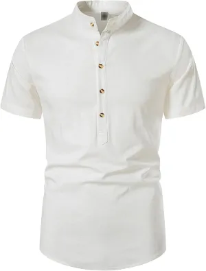 Button Down Short Sleeve Linen Shirts Summer Casual Cotton Beach Shirts Lightweight Banded Collar Henley Shirt