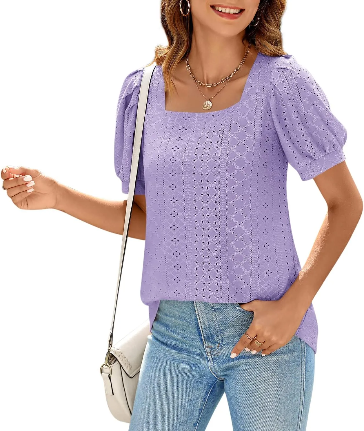 BZB Womens Summer Tops 2025 Square Neck Short Sleeve Tunic Tops Eyelet T-Shirts S-2XL