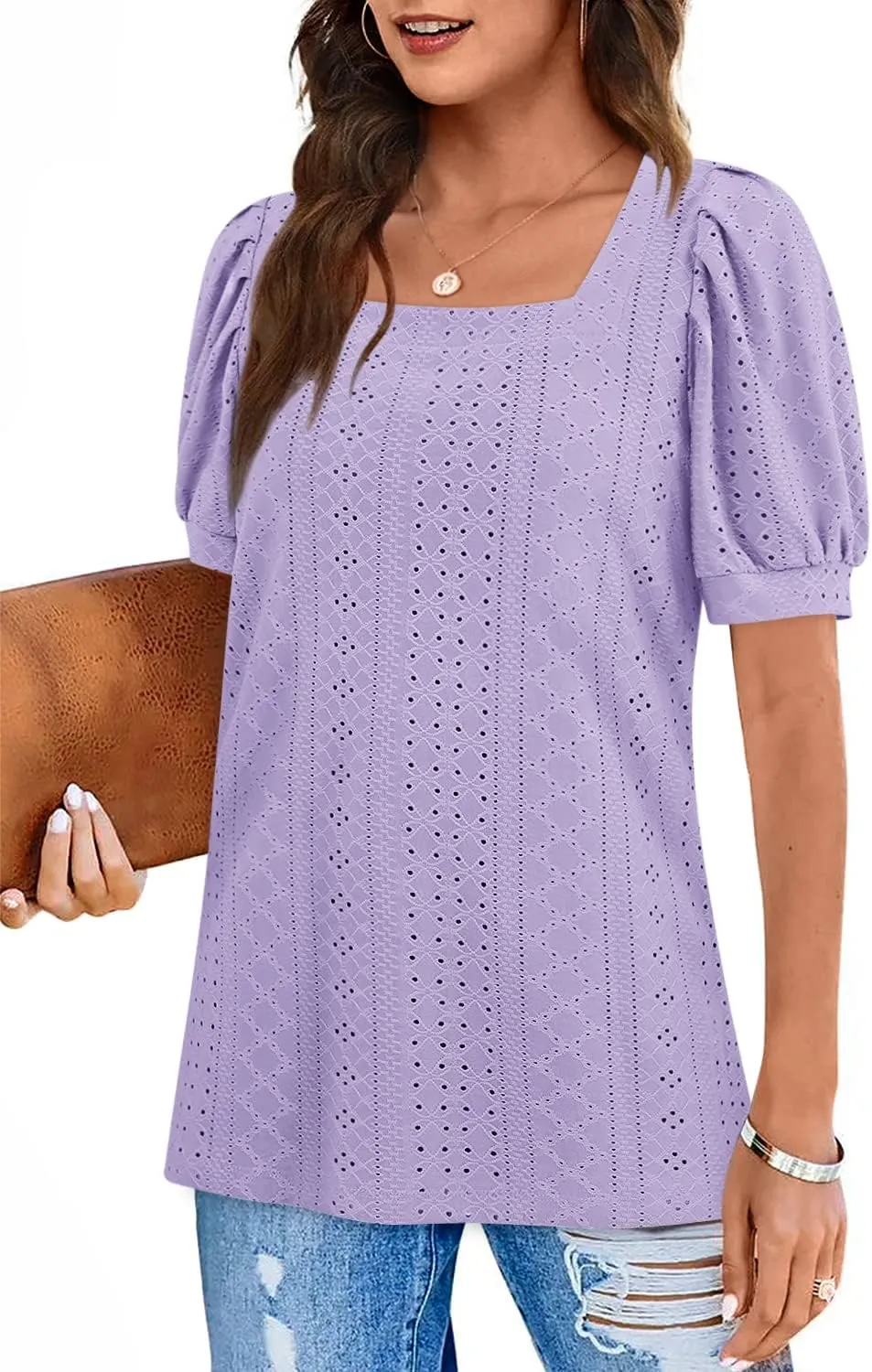 BZB Womens Summer Tops 2025 Square Neck Short Sleeve Tunic Tops Eyelet T-Shirts S-2XL