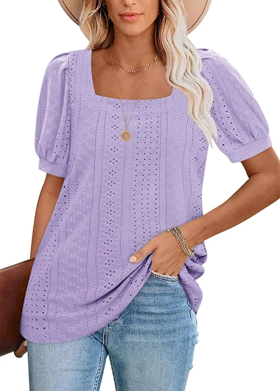 BZB Womens Summer Tops 2025 Square Neck Short Sleeve Tunic Tops Eyelet T-Shirts S-2XL