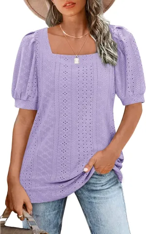 BZB Womens Summer Tops 2025 Square Neck Short Sleeve Tunic Tops Eyelet T-Shirts S-2XL