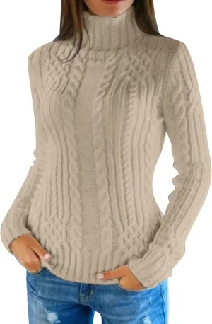 Cable Knit Sweater Women Casual Turtleneck Sweater Long Sleeve Pullover Tops Slim Fit Sweatshirts Tunic Tops