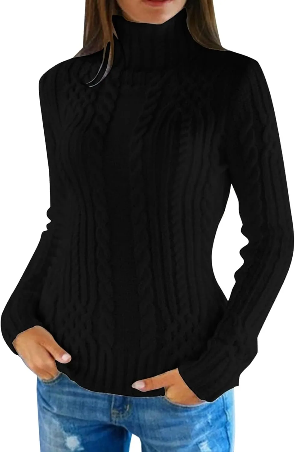 Cable Knit Sweater Women Casual Turtleneck Sweater Long Sleeve Pullover Tops Slim Fit Sweatshirts Tunic Tops