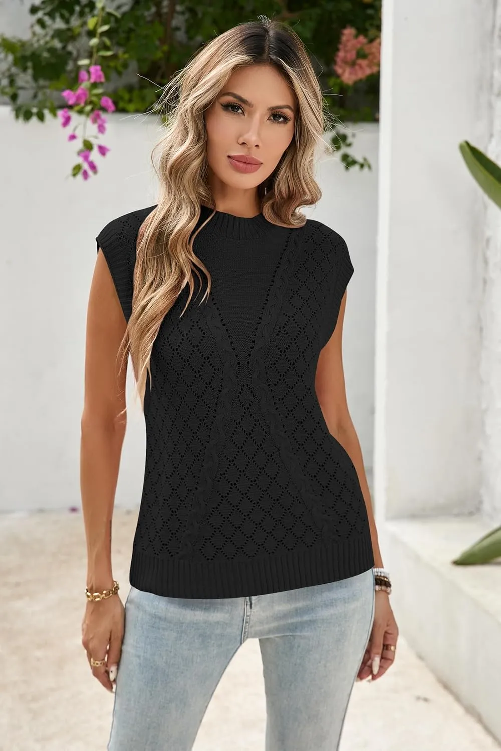 Cakulo Womens Crochet Cap Sleeve Summer Tops 2025 Sleeveless Cable Knit Sweater Vest Tank Tops