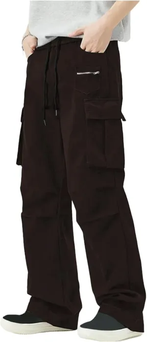 Cargo Pants Men Loose Fit Multi Pocket Bottoms Elastic Waist Straight Leg Tactical Workwear Adventure
