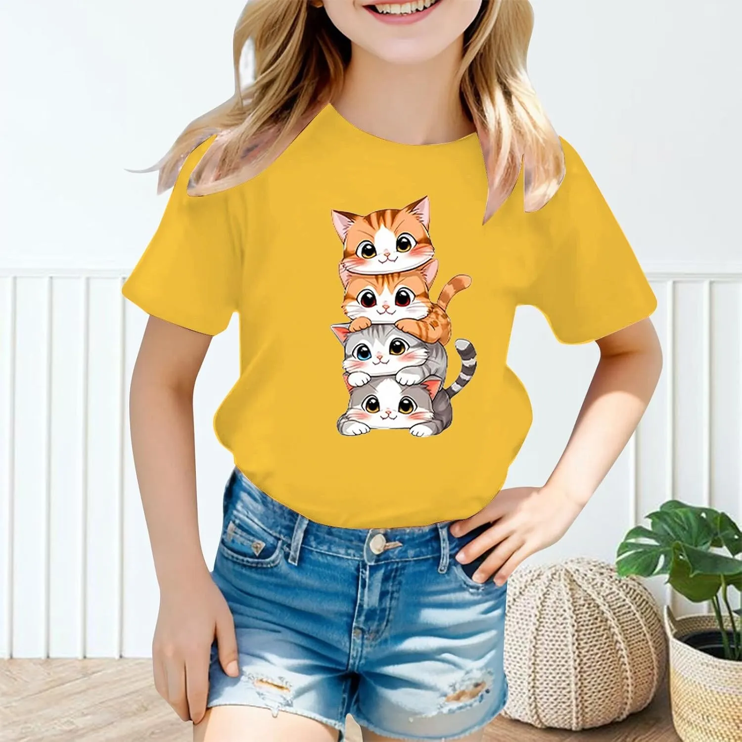 Casual Short Sleeve T-Shirt for Girls,Cute Print Cotton Crewneck Short Sleeve Tees Basic Tees Outfits Tops