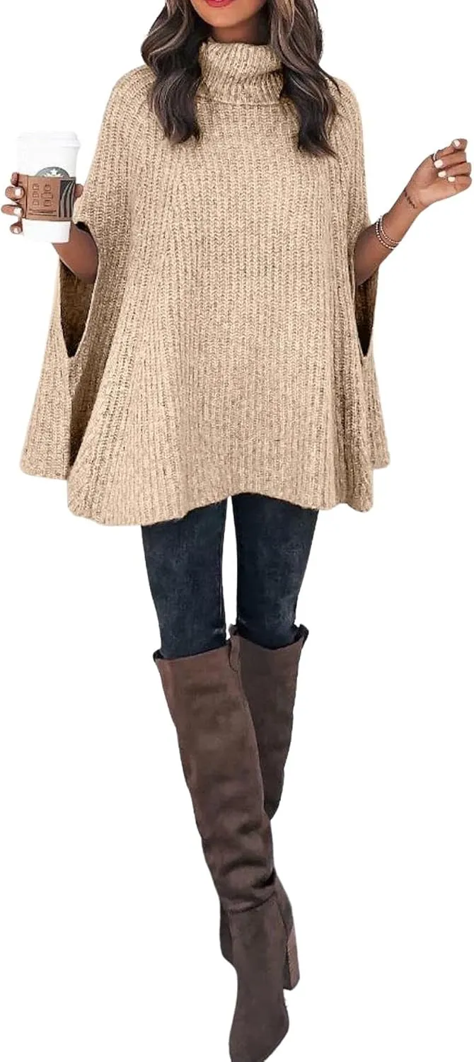 CHARTOU Women Winter Knit Turtleneck Poncho Sweater Shawl Wraps Chunky Oversized Knitted Pullover