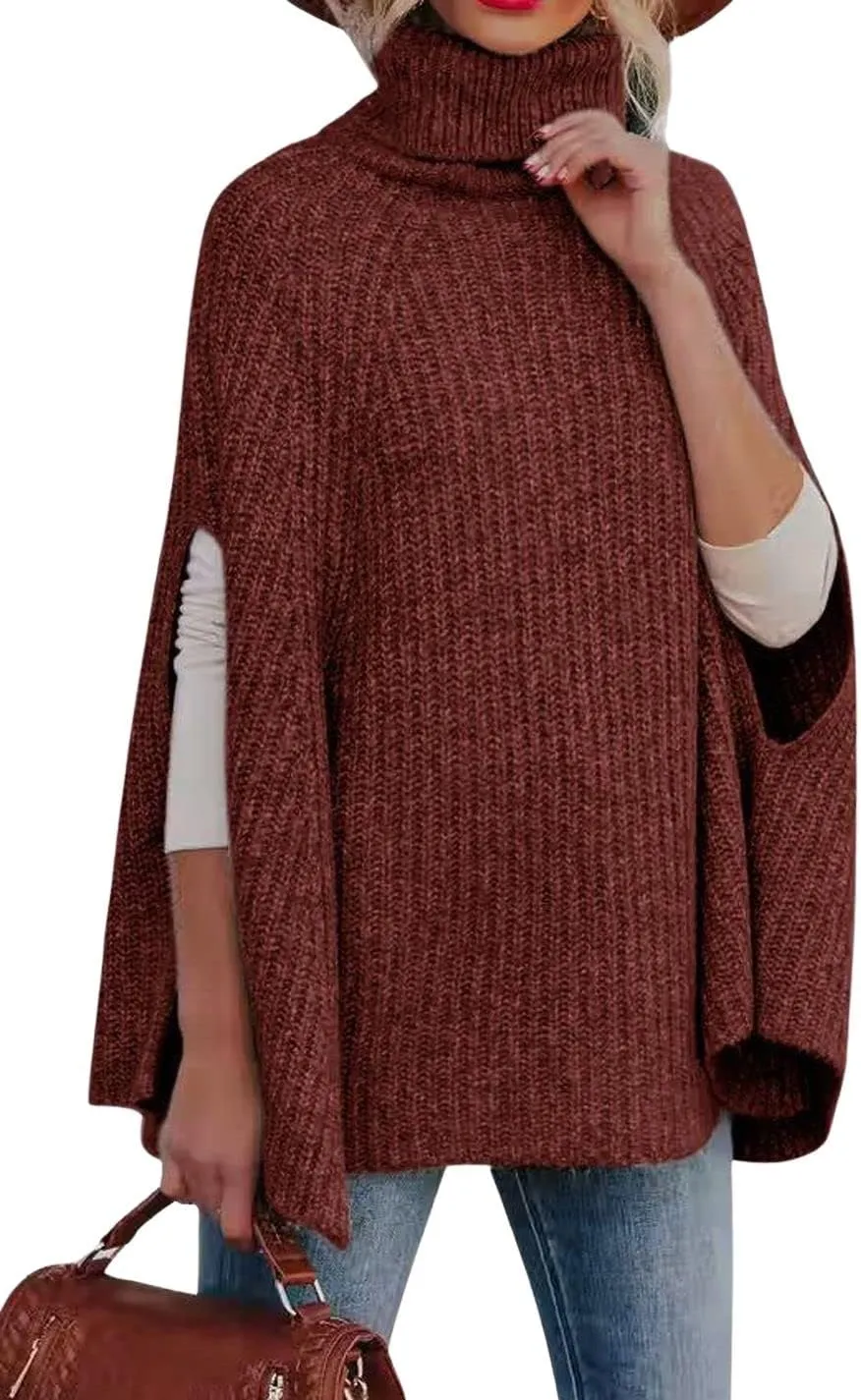 CHARTOU Women Winter Knit Turtleneck Poncho Sweater Shawl Wraps Chunky Oversized Knitted Pullover
