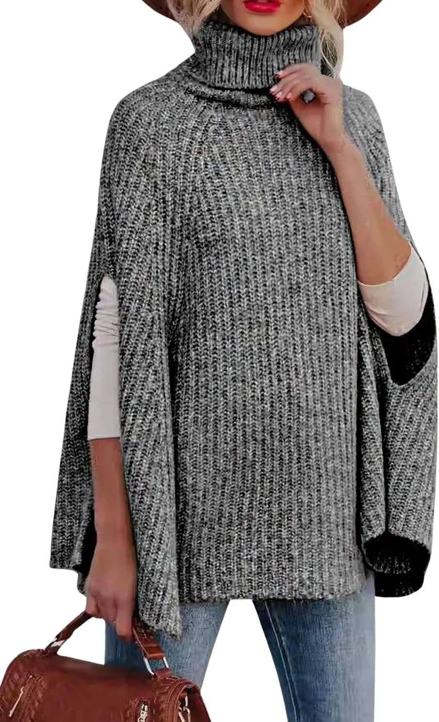 CHARTOU Women Winter Knit Turtleneck Poncho Sweater Shawl Wraps Chunky Oversized Knitted Pullover