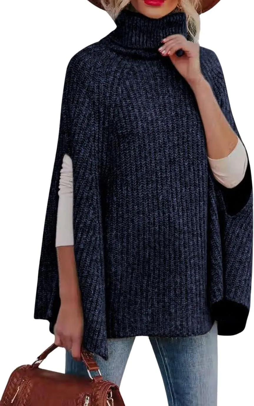 CHARTOU Women Winter Knit Turtleneck Poncho Sweater Shawl Wraps Chunky Oversized Knitted Pullover