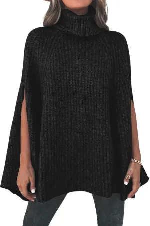 CHARTOU Women Winter Knit Turtleneck Poncho Sweater Shawl Wraps Chunky Oversized Knitted Pullover