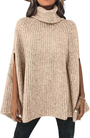 CHARTOU Women Winter Knit Turtleneck Poncho Sweater Shawl Wraps Chunky Oversized Knitted Pullover
