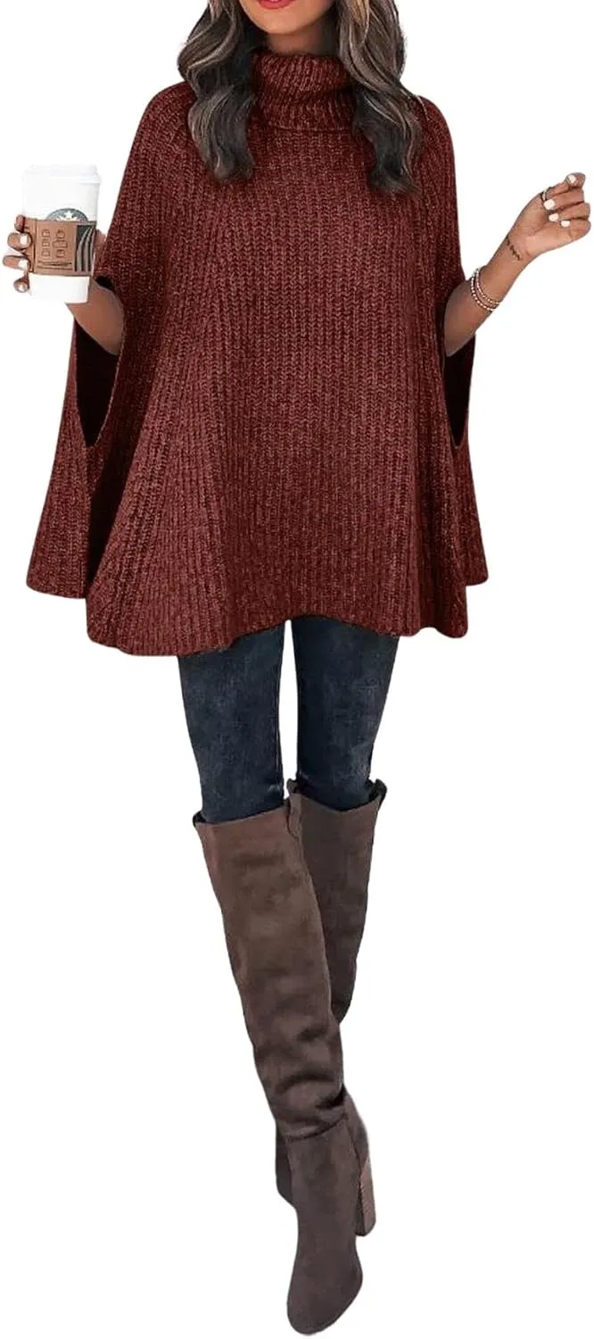 CHARTOU Women Winter Knit Turtleneck Poncho Sweater Shawl Wraps Chunky Oversized Knitted Pullover