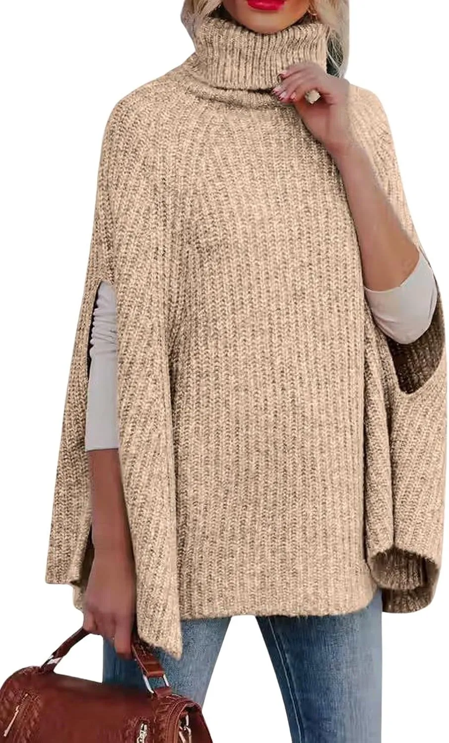 CHARTOU Women Winter Knit Turtleneck Poncho Sweater Shawl Wraps Chunky Oversized Knitted Pullover