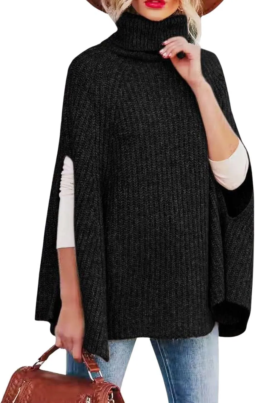CHARTOU Women Winter Knit Turtleneck Poncho Sweater Shawl Wraps Chunky Oversized Knitted Pullover