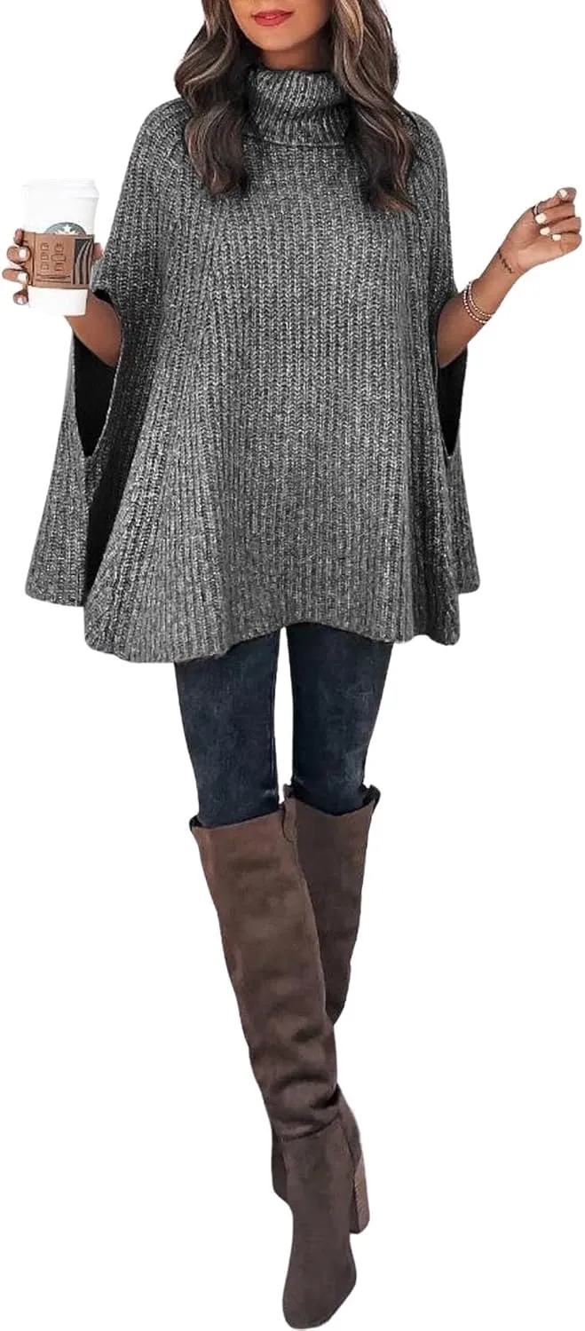 CHARTOU Women Winter Knit Turtleneck Poncho Sweater Shawl Wraps Chunky Oversized Knitted Pullover
