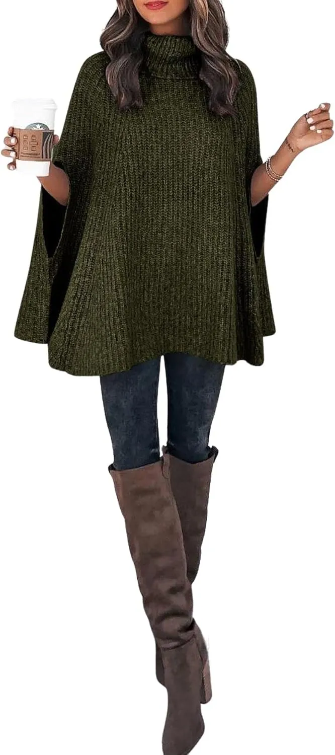 CHARTOU Women Winter Knit Turtleneck Poncho Sweater Shawl Wraps Chunky Oversized Knitted Pullover