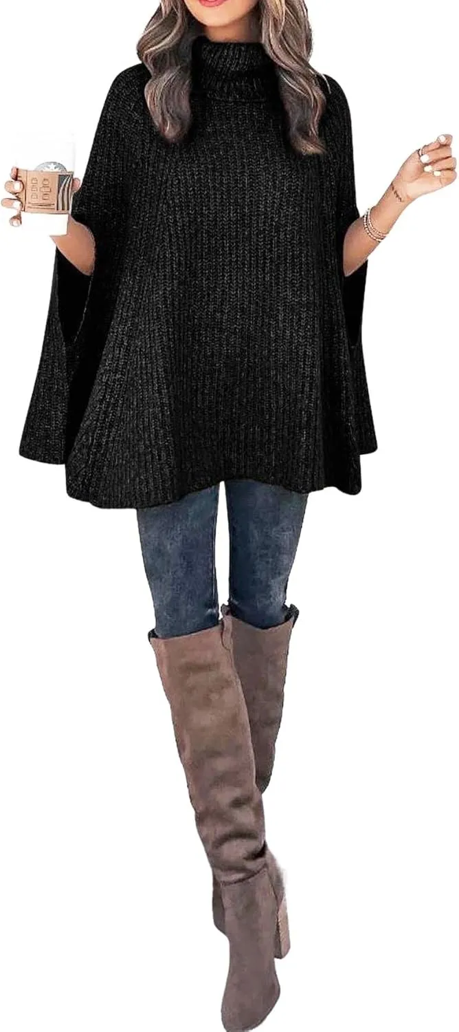 CHARTOU Women Winter Knit Turtleneck Poncho Sweater Shawl Wraps Chunky Oversized Knitted Pullover