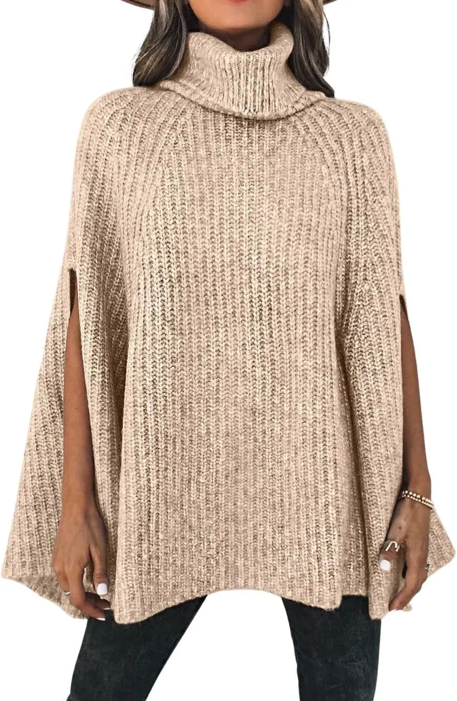 CHARTOU Women Winter Knit Turtleneck Poncho Sweater Shawl Wraps Chunky Oversized Knitted Pullover