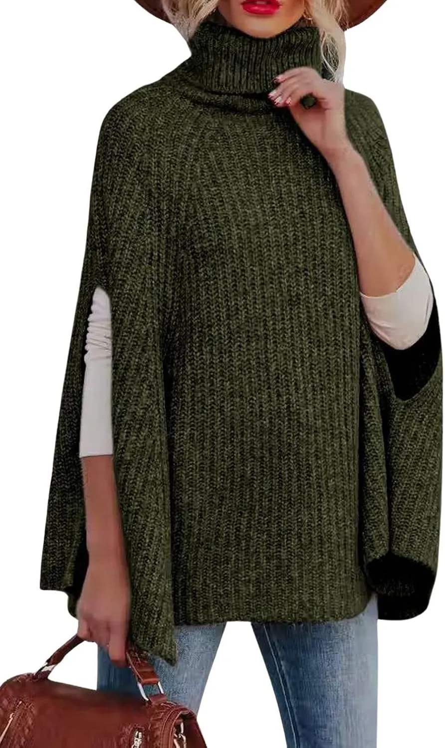 CHARTOU Women Winter Knit Turtleneck Poncho Sweater Shawl Wraps Chunky Oversized Knitted Pullover