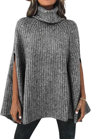 CHARTOU Women Winter Knit Turtleneck Poncho Sweater Shawl Wraps Chunky Oversized Knitted Pullover