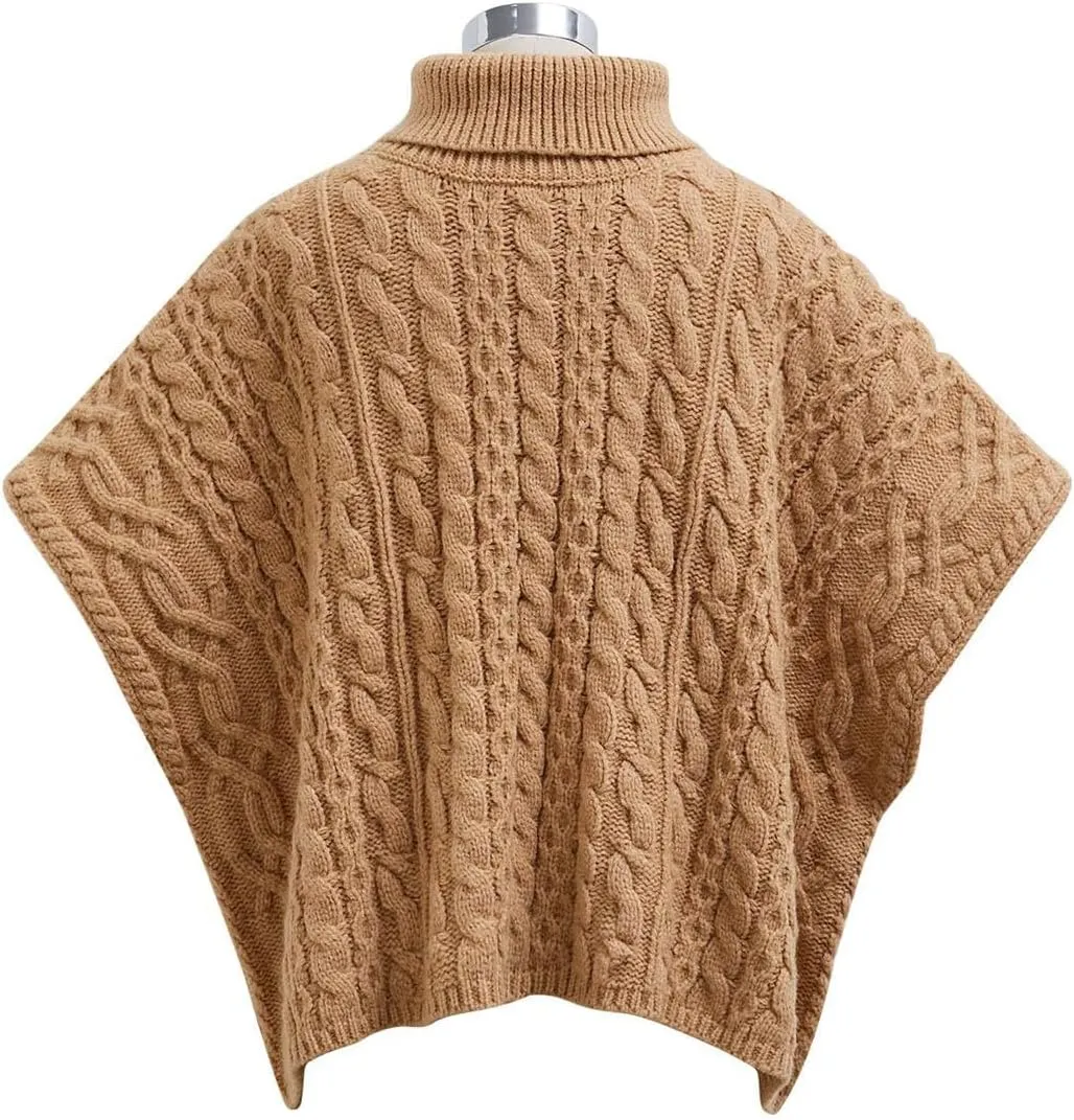 CHICWISH Women Turtleneck Cable Knit Cape Sweater Chunky Fall Casual Pullover Top Elbow Sleeves Sweater Vest Camel