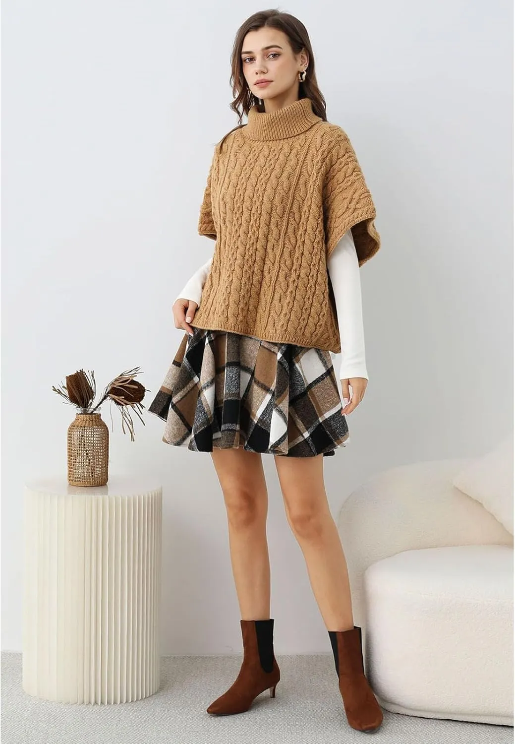 CHICWISH Women Turtleneck Cable Knit Cape Sweater Chunky Fall Casual Pullover Top Elbow Sleeves Sweater Vest Camel