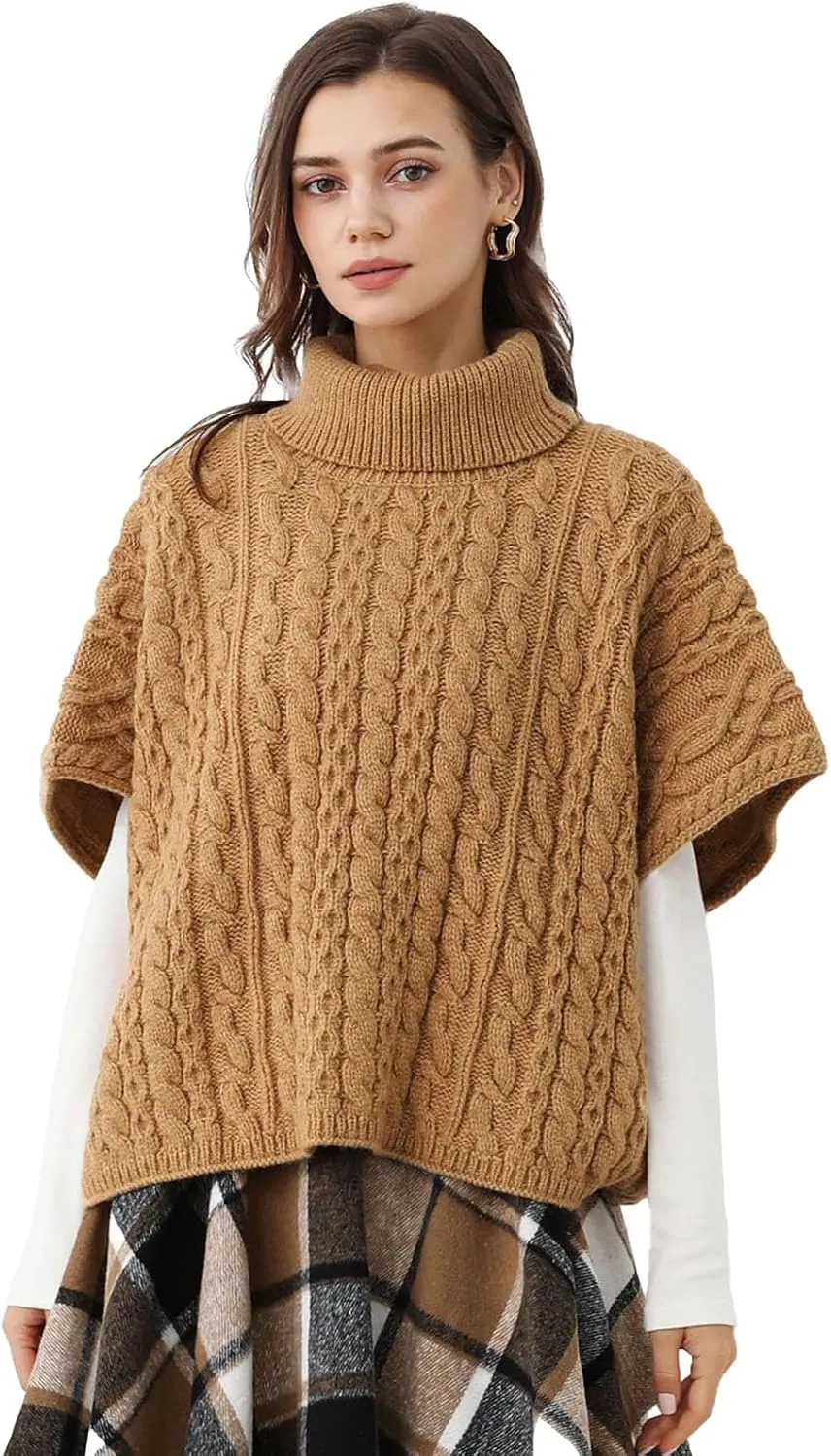 CHICWISH Women Turtleneck Cable Knit Cape Sweater Chunky Fall Casual Pullover Top Elbow Sleeves Sweater Vest Camel