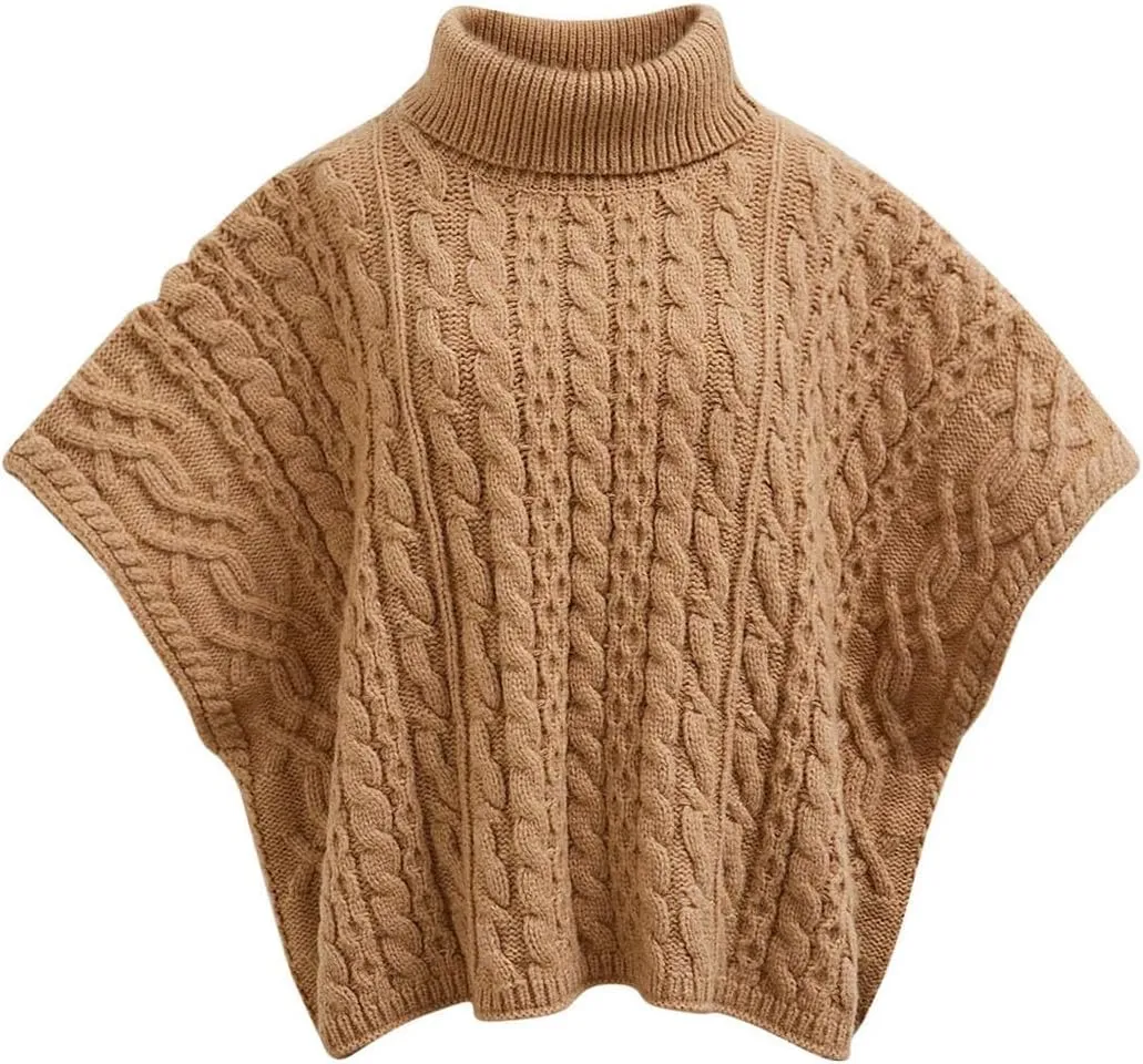 CHICWISH Women Turtleneck Cable Knit Cape Sweater Chunky Fall Casual Pullover Top Elbow Sleeves Sweater Vest Camel