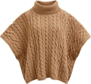 CHICWISH Women Turtleneck Cable Knit Cape Sweater Chunky Fall Casual Pullover Top Elbow Sleeves Sweater Vest Camel