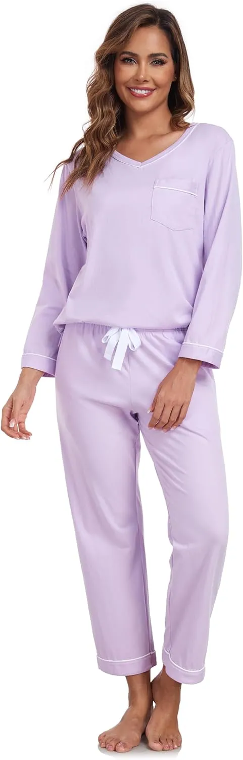 COLORFULLEAF Women's 100% Cotton Pajama Set Long Sleeve Sleepwear with Pants Soft Comfy Two-Piece Pjs with Pockets